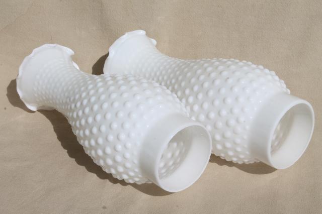 photo of pair vintage milk glass lamps w/ beaded edge lamp bases, hobnail glass chimney shades #5