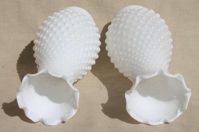 photo of pair vintage milk glass lamps w/ beaded edge lamp bases, hobnail glass chimney shades #6