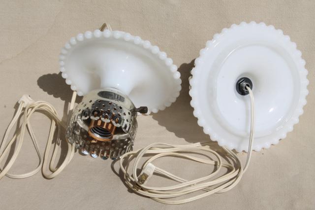 photo of pair vintage milk glass lamps w/ beaded edge lamp bases, hobnail glass chimney shades #7