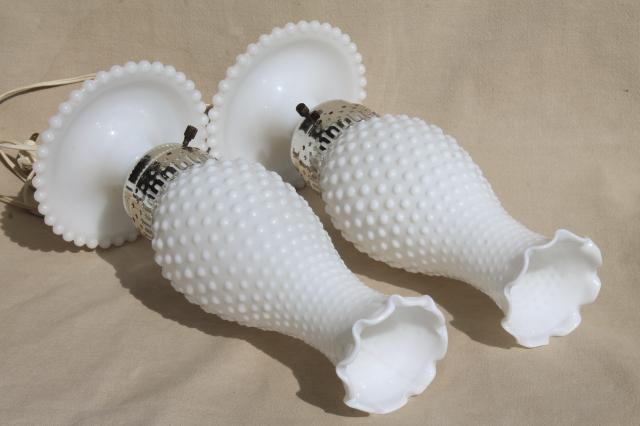 photo of pair vintage milk glass lamps w/ beaded edge lamp bases, hobnail glass chimney shades #8