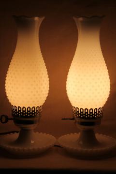 catalog photo of pair vintage milk glass lamps w/ beaded edge lamp bases, hobnail glass chimney shades