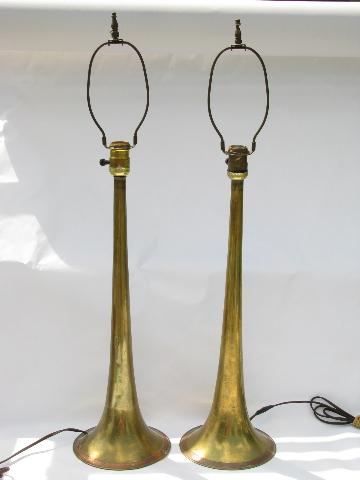 photo of pair vintage music room lamps, antique brass trumpet horn bases #1