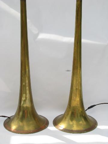 photo of pair vintage music room lamps, antique brass trumpet horn bases #2