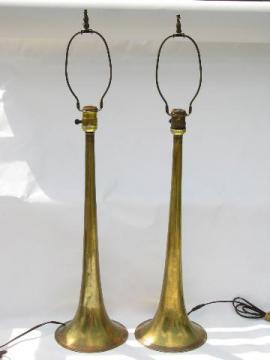 catalog photo of pair vintage music room lamps, antique brass trumpet horn bases