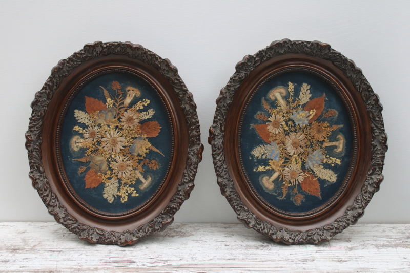 photo of pair vintage ornate carved look frames w/ dried pressed flower bouquets, daisies & real mushrooms on velvet  #1