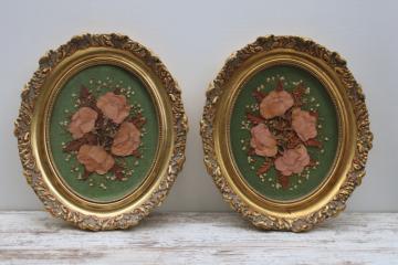 pair vintage ornate gold frames w/ dried pressed flowers, botanical pictures on velvet 