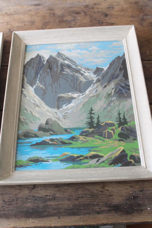 photo of pair vintage paint by number pictures, Rocky mountains landscape scene paintings #2