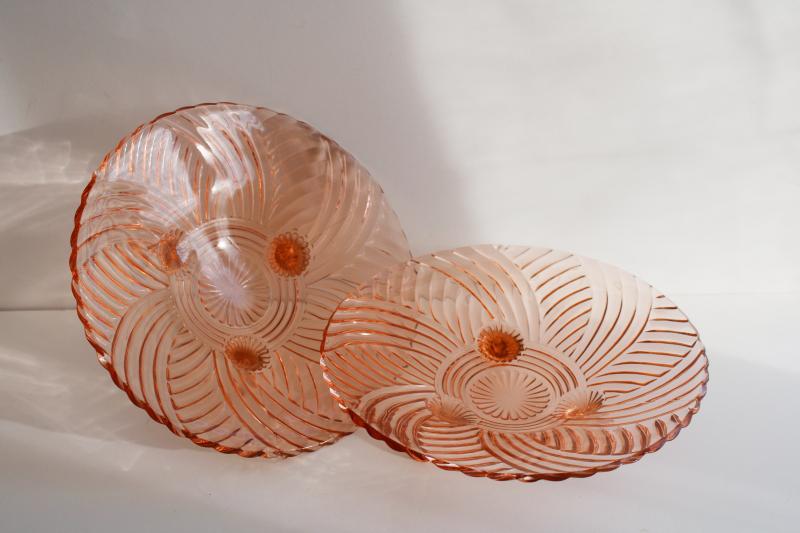 photo of pair vintage pink depression glass three-toed bowls, deco style Anchor Hocking #1