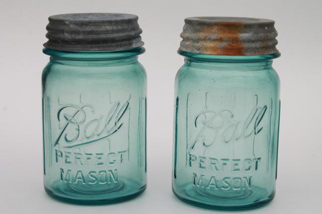 photo of pair vintage pint size aqua blue Ball Perfect Mason jars lot, zinc lids #1