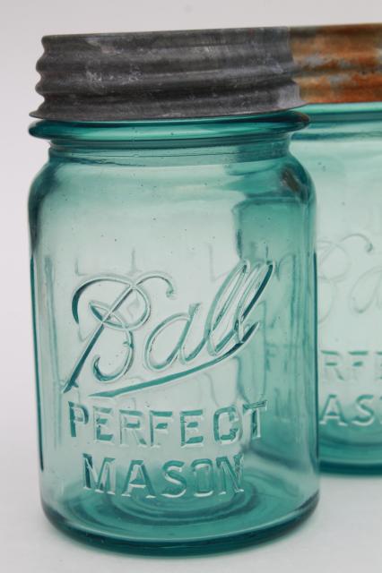 photo of pair vintage pint size aqua blue Ball Perfect Mason jars lot, zinc lids #2