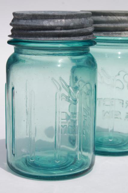 photo of pair vintage pint size aqua blue Ball Perfect Mason jars lot, zinc lids #3