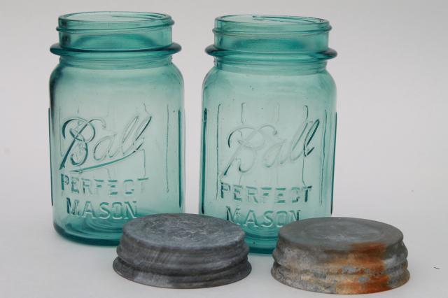 photo of pair vintage pint size aqua blue Ball Perfect Mason jars lot, zinc lids #4