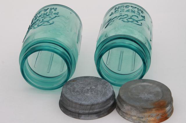 photo of pair vintage pint size aqua blue Ball Perfect Mason jars lot, zinc lids #5