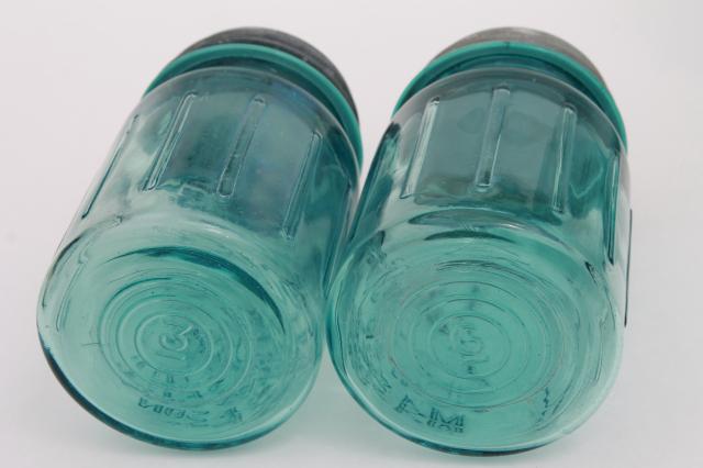 photo of pair vintage pint size aqua blue Ball Perfect Mason jars lot, zinc lids #6