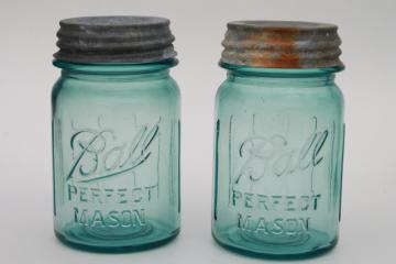 catalog photo of pair vintage pint size aqua blue Ball Perfect Mason jars lot, zinc lids