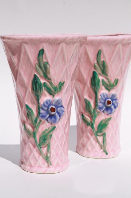 photo of pair vintage pottery wall pockets, pretty pink flower basket wall sconce vases #1