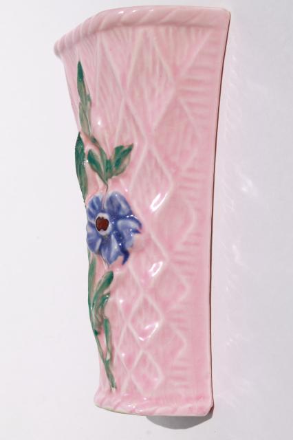 photo of pair vintage pottery wall pockets, pretty pink flower basket wall sconce vases #2