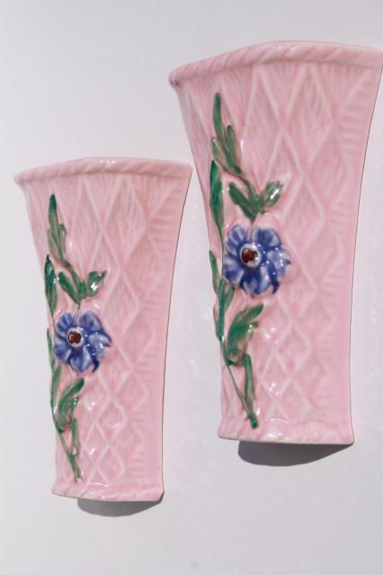 photo of pair vintage pottery wall pockets, pretty pink flower basket wall sconce vases #4