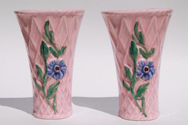 photo of pair vintage pottery wall pockets, pretty pink flower basket wall sconce vases #5