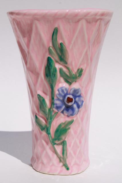 photo of pair vintage pottery wall pockets, pretty pink flower basket wall sconce vases #6