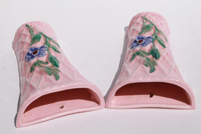 photo of pair vintage pottery wall pockets, pretty pink flower basket wall sconce vases #8