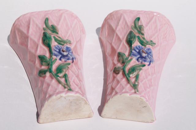 photo of pair vintage pottery wall pockets, pretty pink flower basket wall sconce vases #9