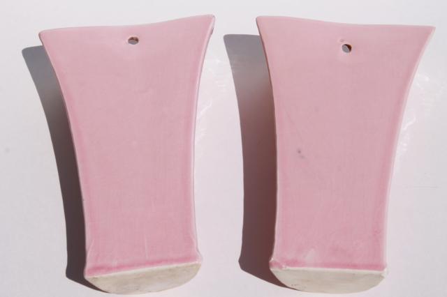 photo of pair vintage pottery wall pockets, pretty pink flower basket wall sconce vases #10