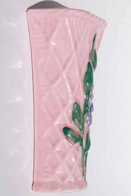 photo of pair vintage pottery wall pockets, pretty pink flower basket wall sconce vases #11