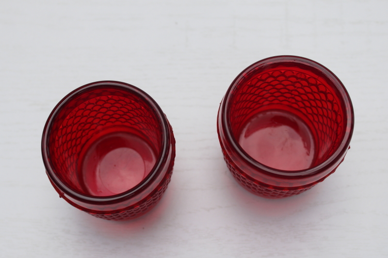 photo of pair vintage red glass votive candle holders, hobnail pattern glass #2