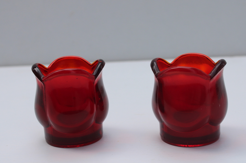 photo of pair vintage red glass votive candle holders, tulip or lotus flowers made for Paragon candles #1