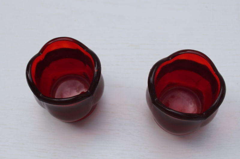 photo of pair vintage red glass votive candle holders, tulip or lotus flowers made for Paragon candles #2