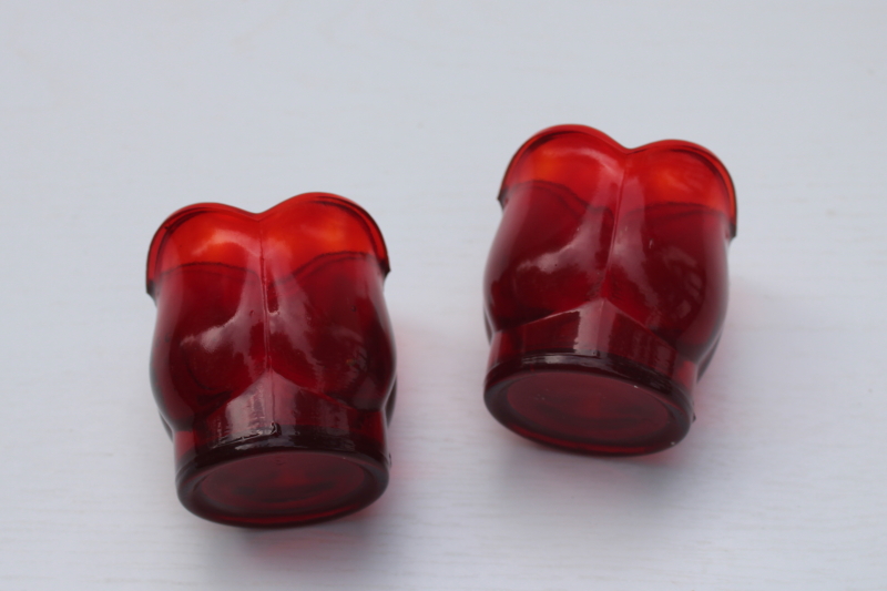 photo of pair vintage red glass votive candle holders, tulip or lotus flowers made for Paragon candles #3