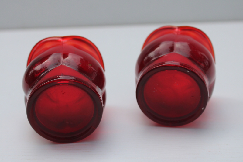 photo of pair vintage red glass votive candle holders, tulip or lotus flowers made for Paragon candles #4