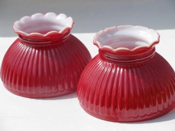 catalog photo of pair vintage red over white glass replacement student lamp shades