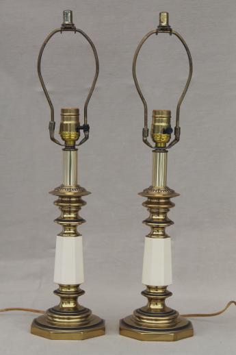 photo of pair vintage solid brass Stiffel table lamps, Hollywood regency white & gold #1