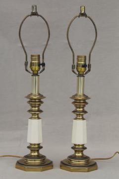 catalog photo of pair vintage solid brass Stiffel table lamps, Hollywood regency white & gold