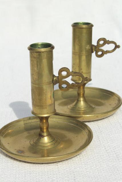 photo of pair vintage solid brass candle holders, adjustable push up candlesticks #1