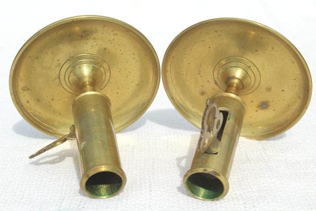 photo of pair vintage solid brass candle holders, adjustable push up candlesticks #5