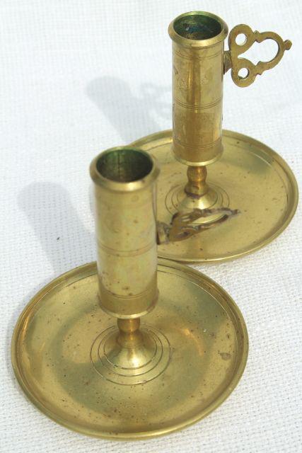 photo of pair vintage solid brass candle holders, adjustable push up candlesticks #9