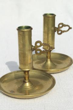 catalog photo of pair vintage solid brass candle holders, adjustable push up candlesticks