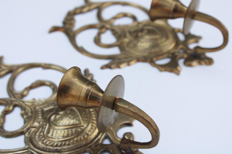 photo of pair vintage solid brass candle sconces, southwest western concho style hearts #2