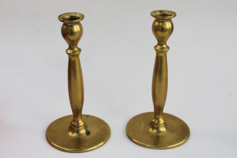 photo of pair vintage solid brass candlesticks, polished gold yellow brass candle holders #1