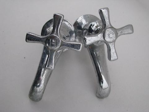 photo of pair vintage solid brass/chrome architectural faucets deco cross taps #2