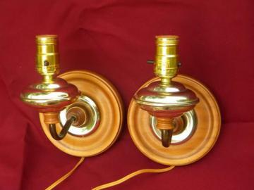 catalog photo of pair vintage wall sconces lighting fixtures, brass plated fittings