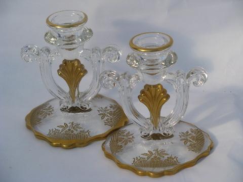 photo of pair vintage wheel-cut floral fan pattern candle sticks w/ encrusted gold #1