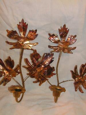 photo of pair vintage wrought copper autumn leaves wall sconces #1