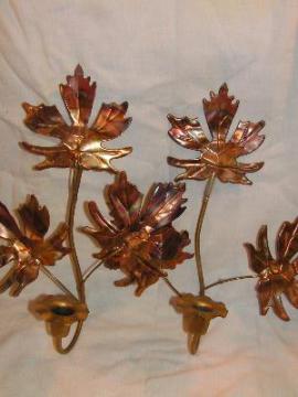 catalog photo of pair vintage wrought copper autumn leaves wall sconces