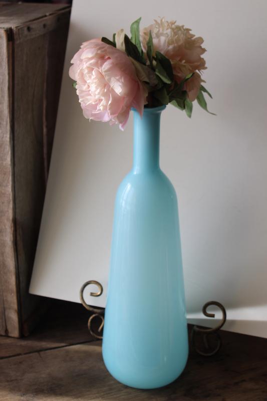 photo of pale blue cased glass floor vase, tall bottle shape 1960s vintage Italian art glass #1