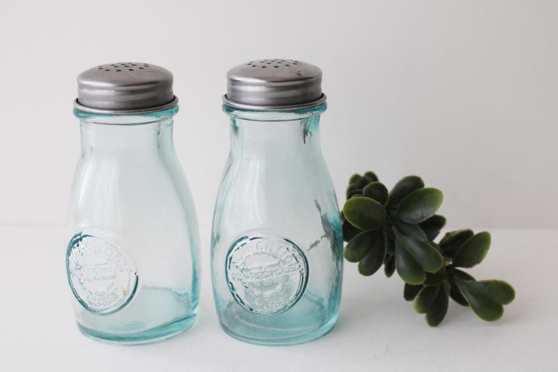 photo of pale green recycled glass S&P set, eco friendly vintage salt and pepper shakers #1