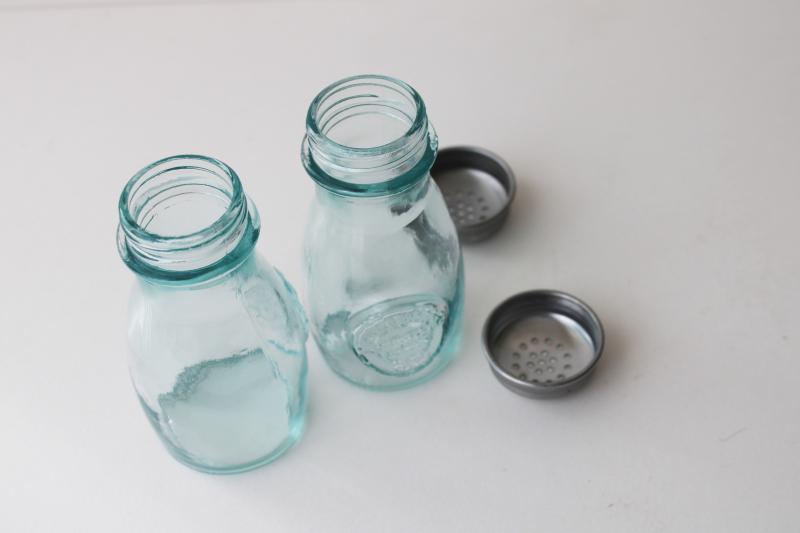 photo of pale green recycled glass S&P set, eco friendly vintage salt and pepper shakers #4